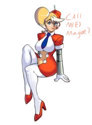 Rule 34 | 1girl, blonde hair, blue necktie, breasts, call (mighty no. 9), call e, carly rae jepsen, curvy, dress, earrings, english text, facing viewer, full body, garrison cap, gloves, hat, headset, high heels, jewelry, large breasts, legs together, looking at viewer, mighty no. 9, multicolored hair, necktie, pantyhose, pumps, red dress, red footwear, shining dazzler, short dress, side ponytail, simple background, sitting, sitting on lap, sitting on person, smile, solo, two-tone hair, uniform, white background, white gloves, white hair, white pantyhose