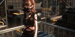 Rule 34 | 1girl, barcode, barcode tattoo, bare arms, black jacket, black skirt, brown hair, building, commentary request, crop top, day, hair between eyes, highres, jacket, long hair, looking away, midriff, navel, original, outdoors, railing, red eyes, respirator, rooftop, satellite dish, shanguier, skirt, sleeveless, sleeveless jacket, solo, tattoo, translation request