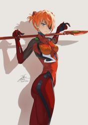 Rule 34 | 1girl, alternate hair length, alternate hairstyle, blue eyes, blush, bodysuit, breasts, evangelion: 3.0 you can (not) redo, eyepatch, fadingz, grey background, highres, holding, holding polearm, holding weapon, interface headset, looking at viewer, neon genesis evangelion, orange hair, pixiv id, plugsuit, polearm, rebuild of evangelion, red bodysuit, shadow, short hair, signature, simple background, solo, souryuu asuka langley, tsundere, weapon