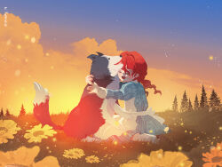 Rule 34 | 1girl, 1other, closed eyes, dog, flower, original, outdoors, red hair, reinforced, smile