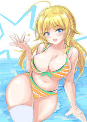 Rule 34 | 1girl, :d, absurdres, ahoge, bikini, blonde hair, blue eyes, blush, breasts, cleavage, collarbone, commentary request, curvy, fang, groin, hachimiya meguru, highres, idolmaster, large breasts, layered bikini, long hair, looking at viewer, nipples, open mouth, orange bikini, sidelocks, single thighhigh, smile, solo, swimsuit, thighhighs, thighs, tong shui, unfinished, wide hips