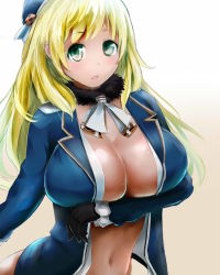Rule 34 | 10s, 1girl, atago (kancolle), bad id, bad pixiv id, bakkanki, beret, black gloves, blonde hair, breast hold, breasts, gloves, green eyes, hat, jacket, kantai collection, large breasts, long hair, looking at viewer, military, military uniform, navel, no bra, open clothes, open jacket, open mouth, solo, uniform