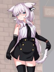 Rule 34 | 1girl, animal ears, bare shoulders, black gloves, black necktie, black skirt, black thighhighs, blue eyes, bow, brave sword x blaze soul, closed mouth, collared shirt, commentary request, cropped legs, dress shirt, elbow gloves, gloves, hair bow, hair over shoulder, high-waist skirt, highres, holding own tail, long hair, looking at viewer, necktie, outdoors, ray co99, round eyewear, shirt, signature, skirt, sleeveless, sleeveless shirt, solo, striped, striped bow, tail, thighhighs, watch, white hair, white shirt, wing collar, wristwatch, zettai ryouiki