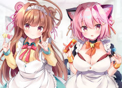 Rule 34 | 2girls, ahoge, alternate costume, animal ears, apron, bear ears, black dress, blurry, breasts, brown eyes, brown hair, candy, cat ears, cleavage, cowboy shot, depth of field, dress, food, frilled apron, frills, huge ahoge, index finger raised, kantai collection, kuma (kancolle), large breasts, lollipop, long hair, looking at viewer, maid headdress, masayo (gin no ame), multiple girls, pink hair, red eyes, red neckwear, short hair, smile, tama (kancolle), white apron, white background, wrist cuffs