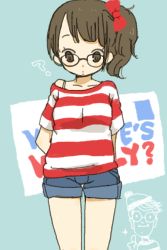 Rule 34 | 1boy, 1girl, brown eyes, brown hair, gender request, genderswap, glasses, partially colored, shorts, side ponytail, solo, wally (where&#039;s wally), where&#039;s wally, yukke