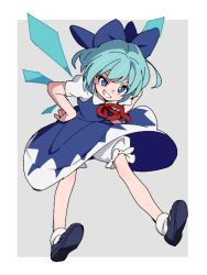 Rule 34 | 1girl, black footwear, bloomers, blue bow, blue dress, blue eyes, blue hair, bow, cirno, detached wings, dress, full body, grey background, grin, hair bow, hands on own hips, ice, ice wings, leaning forward, neck ribbon, red ribbon, ribbon, satou asuka, shirt, shoes, short hair, short sleeves, smile, socks, solo, touhou, underwear, white shirt, white socks, wings