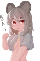 Rule 34 | 1girl, absurdres, animal ears, breasts, capelet, clip studio paint (medium), closed mouth, commentary request, covered erect nipples, grey capelet, grey hair, highres, lenserd, looking at viewer, mouse ears, mouse girl, naked capelet, nazrin, red eyes, short hair, simple background, small breasts, smile, solo, touhou, translation request, upper body, white background