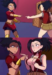 Rule 34 | 10s, 2girls, absurdres, asymmetrical hair, bare arms, bare shoulders, belt, bike shorts, black eyes, black hair, boku no hero academia, breasts, cleavage, collarbone, crossover, dragon ball, dragon ball super, earrings, forehead, highres, jewelry, kale (dragon ball), large breasts, look-alike, matching hair/eyes, meme, multiple girls, open mouth, parody, pointing spider-man (meme), ponytail, red skirt, shorts, shorts under skirt, skirt, yaoyorozu momo