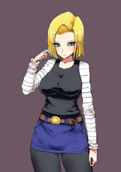 Rule 34 | 1girl, android 18, belt, black pantyhose, blonde hair, breasts, buckle, dragon ball, dragonball z, impossible clothes, impossible shirt, ishimiso (ishimura), large breasts, long sleeves, pantyhose, pencil skirt, shirt, short hair, skirt, solo