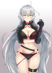 Rule 34 | 1girl, ahoge, bikini, black bikini, black choker, black gloves, black jacket, breasts, choker, cleavage, commentary request, cowboy shot, cropped jacket, fate/grand order, fate (series), gloves, grey background, hair between eyes, highres, jacket, jeanne d&#039;arc alter (swimsuit berserker) (fate), jeanne d&#039;arc (fate), jeanne d&#039;arc alter (fate), jeanne d&#039;arc alter (swimsuit berserker) (fate), large breasts, long hair, looking at viewer, navel, o-ring, o-ring bikini, o-ring bottom, o-ring top, ray (zxasqw66), shrug (clothing), silver hair, simple background, smile, solo, swimsuit, thigh strap, very long hair, yellow eyes