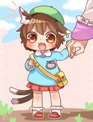 Rule 34 | 1girl, :3, :d, aged down, alternate costume, animal ears, bag, beret, brown eyes, brown hair, cat ears, cat tail, chen, commentary request, fang, green hat, hat, holding hands, ibaraki natou, kindergarten bag, kindergarten uniform, multiple tails, name tag, nekomata, one-hour drawing challenge, open mouth, red skirt, school bag, short hair, skirt, smile, solo focus, tail, touhou, two tails, white legwear