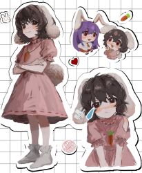Rule 34 | 2girls, :3, animal ears, b nosk101, black hair, blush, carrot necklace, closed mouth, crossed arms, dress, heart, highres, inaba tewi, jewelry, long hair, looking at another, looking at viewer, multiple girls, multiple views, necklace, pink dress, puffy short sleeves, puffy sleeves, purple hair, rabbit ears, rabbit girl, rabbit tail, red eyes, red skirt, reisen udongein inaba, ribbon-trimmed dress, shirt, short hair, short sleeves, single tear, skirt, socks, tail, touhou, white shirt, white socks