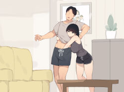 Rule 34 | 1boy, 1girl, black hair, black shorts, breasts, couch, elder sister (pepper0), faceless, faceless male, father (pepper0), father and daughter, grey shirt, hand under clothes, hand under shorts, hetero, highres, incest, indoors, large breasts, original, pepper0, photo (object), plant, shirt, shorts, standing, t-shirt, table