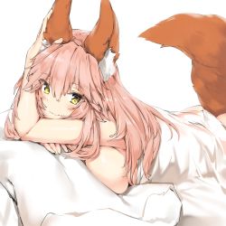 Rule 34 | 10s, 1girl, animal ear fluff, animal ears, arm up, bed sheet, blush, breast press, breasts, closed mouth, fang, fang out, fangs, fate/extra, fate (series), fox ears, fox tail, hair between eyes, highres, large breasts, long hair, looking at viewer, lying, nude, on bed, on stomach, pillow, pink hair, silver (chenwen), simple background, solo, tail, tamamo (fate), tamamo no mae (fate/extra), tsurime, under covers, white background, yellow eyes