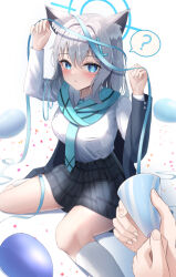 Rule 34 | 1girl, 1other, ?, absurdres, animal ear fluff, animal ears, arms up, balloon, black skirt, blue archive, blue eyes, blue necktie, blue scarf, breast pocket, breasts, bright pupils, chestnut mouth, collar, collared shirt, cross hair ornament, grey hair, hair between eyes, hair ornament, happy birthday, highres, kneehighs, li se, looking at another, looking at viewer, medium breasts, medium hair, mismatched pupils, necktie, parted lips, pocket, scarf, school uniform, shiroko (blue archive), shirt, sitting, skirt, socks, solo focus, speech bubble, wariza, white background, white collar, white pupils, white shirt, white socks, wolf ears, wolf girl