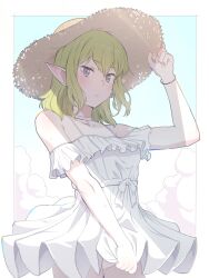 Rule 34 | 1girl, bare shoulders, blonde hair, blue eyes, blush, border, bracelet, choker, closed mouth, commentary, cowboy shot, dress, dress tug, elf, frilled dress, frills, hand on headwear, hat, highres, jewelry, looking at viewer, niceumeboshi, off-shoulder dress, off shoulder, outside border, panties, pointy ears, ryu lion, sky, solo, straw hat, underwear, white border, white choker, white dress