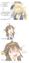 Rule 34 | 0 0, 10s, 2girls, american flag, blonde hair, breasts, brown hair, chibi, cleavage, comic, english text, flying sweatdrops, hat, iowa (kancolle), kantai collection, kongou (kancolle), large breasts, md5 mismatch, multiple girls, myonmukyuu, nervous, no nose, open mouth, panicking, poorly drawn, salute, shaded face, signature, sketch, speech bubble, surprised, sweat, nervous sweating, symbol-shaped pupils, trembling