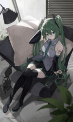 1girl aqua_eyes arm_support arm_up backlighting black_cat black_footwear black_skirt black_sleeves blurry boots cat collared_shirt commentary_request day detached_sleeves frilled_shirt frills from_above green_hair green_nails green_necktie green_trim grey_shirt hair_ornament hatsune_miku highres indoors light_blush long_hair looking_at_viewer nail_polish necktie number_tattoo pillow plant shirt shoulder_tattoo sitting skirt sleeveless sleeveless_shirt smile sunlight tattoo thigh_boots twintails very_long_hair vocaloid wall_lamp window_shadow xuegao_ice