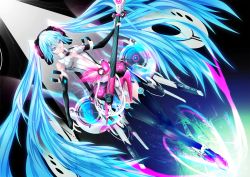 Rule 34 | 1girl, bare shoulders, black thighhighs, blue eyes, blue hair, colored eyelashes, dutch angle, elbow gloves, electric guitar, eyelashes, fingerless gloves, gloves, glowing, guitar, hatsune miku, hatsune miku (append), headphones, highres, instrument, long hair, matching hair/eyes, sira-kura, solo, thighhighs, twintails, very long hair, vocaloid, vocaloid append