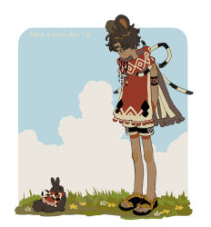 Rule 34 | 1boy, animal, animal ears, armlet, bare arms, bare legs, bare shoulders, black footwear, black shorts, blue flower, blue sky, border, borrowed character, bow, brown eyes, brown hair, chinese commentary, closed mouth, cloud, cloudy sky, commentary request, creature and personification, dark-skinned male, dark skin, day, english text, expressionless, flower, fringe trim, from side, full body, grass, guu (hakahonoo), high collar, highres, looking at animal, looking down, male focus, original, outdoors, outside border, parted bangs, patterned, patterned clothing, profile, rabbit, rabbit ears, rounded corners, sandals, shorts, sky, sleeveless, solid oval eyes, standing, tareme, thick eyebrows, toes, white border, white flower, yellow flower