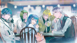 Rule 34 | 2girls, 3boys, animal, antenna hair, black gloves, black shirt, blonde hair, blue hair, blurry, blurry background, brown jacket, chair, coffee cup, cup, disposable cup, dog, gloves, green hair, grey jacket, grey necktie, grin, hand up, highres, holding, holding cup, jacket, kyuuba melo, long hair, long sleeves, looking back, multicolored hair, multiple boys, multiple girls, mutsuki tooru, necktie, pants, sasaki haise, shirazu ginshi, shirt, short hair, smile, tokyo ghoul, tokyo ghoul:re, twintails, two-tone hair, urie kuki, yonebayashi saiko
