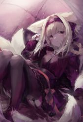 Rule 34 | 1girl, animal ear fluff, animal ears, arknights, black hairband, blonde hair, braid, braided hair rings, commentary request, fox ears, fox girl, fox tail, frilled skirt, frills, garter straps, hair intakes, hair rings, hairband, hand up, highres, kitsune, knees together feet apart, looking at viewer, parted lips, purple shirt, purple skirt, red eyes, shirt, sidelocks, skirt, solo, suzuiro (chocolatte), suzuran (arknights), tail, thighhighs