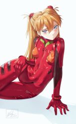 Rule 34 | 1girl, 2023, absurdres, arm support, blue eyes, blush, bodysuit, breasts, brown hair, dated, hair between eyes, hand on own hip, highres, long hair, looking at viewer, medium breasts, neon genesis evangelion, plugsuit, rebuild of evangelion, red bodysuit, shiny clothes, simple background, small breasts, solo, souryuu asuka langley, tsundere, two side up, very long hair, waligner, wide hips