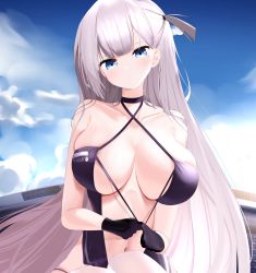 Rule 34 | 1girl, absurdres, azur lane, bare arms, bare shoulders, black choker, black gloves, blue eyes, blue sky, breasts, center opening, choker, clothing cutout, cloud, commentary, criss-cross halter, day, gloves, halterneck, highres, large breasts, long hair, looking at viewer, mole, mole under eye, navel, navel cutout, nicorima, one side up, race queen, revealing clothes, shoukaku (azur lane), shoukaku (sororal wings) (azur lane), silver hair, sky, solo, thighhighs, white thighhighs