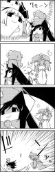 Rule 34 | 4koma, animal ears, boned meat, brooch, chasing, comic, commentary request, empty eyes, fleeing, food, ghost tail, greyscale, hair ribbon, hands in opposite sleeves, hat, highres, hitodama, imaizumi kagerou, jewelry, konpaku youmu, konpaku youmu (ghost), long sleeves, meat, mob cap, monochrome, object on head, ribbon, running, saigyouji yuyuko, shaded face, smile, sparkle, tail, tail wagging, tani takeshi, thumbs up, touhou, translation request, triangular headpiece, veil, wide sleeves, wolf ears, wolf tail, yukkuri shiteitte ne