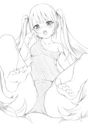 Rule 34 | 1girl, absurdres, barefoot, blush, feet, highres, long hair, looking at viewer, mole, monochrome, open mouth, school swimsuit, sketch, soles, strap slip, toes, twintails, very long hair
