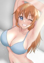 Rule 34 | 1girl, absurdres, armpits, arms up, bikini, blue eyes, blush, breasts, brown hair, charlotte e. yeager, cleavage, collarbone, female focus, grin, highres, huge filesize, kuroniko, large breasts, long hair, looking at viewer, navel, one eye closed, parted lips, simple background, smile, solo, strike witches, swimsuit, teeth, upper body, white background, white bikini, world witches series