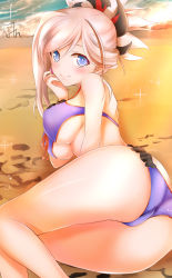 Rule 34 | 1girl, ass, asymmetrical hair, bikini, blue eyes, blush, breasts, cameltoe, cloud, cloudy sky, commentary request, earrings, fate/grand order, fate (series), hair ornament, hand on own face, highres, jewelry, large breasts, looking at viewer, lying, miyamoto musashi (fate), nagishy, on side, pink hair, ponytail, sand, sky, smile, solo, swimsuit, thighs, underboob, wedgie