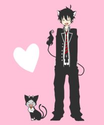 Rule 34 | 1boy, ao no exorcist, bad id, bad pixiv id, blacky, cat, closed eyes, fangs, flat color, heart, kuro (ao no exorcist), male focus, okumura rin, open mouth, pointy ears, simple background, solo