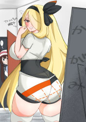 Rule 34 | 2girls, absurdres, ass, bea (pokemon) (cosplay), black background, blonde hair, blush, bodysuit, brown hair, cosplay, creatures (company), crop top, cynthia (pokemon), door, double bun, from behind, game freak, grey eyes, hair bun, hair ornament, hair over one eye, heart, heart-shaped pupils, highres, indoors, knee pads, long hair, looking back, multiple girls, namonakisyura, nintendo, panties under bodysuit, parted lips, pokemon, pokemon bw2, pokemon dppt, pokemon swsh, rosa (pokemon), short shorts, short sleeves, shorts, skindentation, symbol-shaped pupils, text focus, thick thighs, thighs, translation request, twintails, very long hair