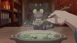 Rule 34 | animated, animated gif, ao no exorcist, cat, food, kuro (ao no exorcist), licking, lowres, moriyama shiemi, o o, saliva, soup, steam, subtitled, sweat, t t