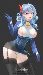 Rule 34 | ako (blue archive), bell, blue archive, blue eyes, blue hair, breasts, cowbell, earrings, garter straps, gloves, half gloves, highres, jewelry, large breasts, long hair, miniskirt, neck bell, olga korezky, red ribbon, ribbon, sideboob, skirt, thick thighs, thighhighs, thighs