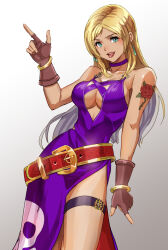 Rule 34 | 1girl, bare shoulders, belt, blonde hair, blue eyes, blush, breasts, cleavage, dress, fatal fury, fingerless gloves, garou: mark of the wolves, gloves, green eyes, highres, index finger raised, jenet behrn, large breasts, long hair, looking at viewer, open mouth, pink lips, sleeveless, smile, solo, the king of fighters, tongue, tongue out