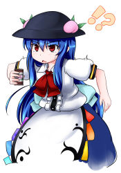 Rule 34 | !?, 1girl, ascot, blue dress, blue hair, coffee, dress, female focus, food, fruit, hat, hinanawi tenshi, long hair, open mouth, peach, red eyes, solo, sweatdrop, tears, touhou, tsubasa (abchipika)