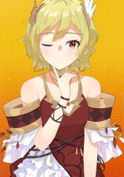 Rule 34 | 1girl, absurdres, bare shoulders, blonde hair, blush, citrinne (fire emblem), commentary request, dress, earrings, fire emblem, fire emblem engage, hair ornament, highres, hoop earrings, jewelry, keaworks, looking at viewer, neck ring, nintendo, one eye closed, orange background, red dress, red eyes, short hair, short sleeves, solo, upper body