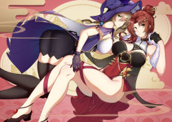 Rule 34 | 2girls, alternate costume, bare shoulders, black legwear, braid, breasts, brown eyes, cleavage, commentary request, dress, genshin impact, green eyes, hair between eyes, hair ornament, hat, high heels, highres, honkai (series), honkai impact 3rd, large breasts, lisa (genshin impact), looking at viewer, mihoyo, mole, mole on breast, multicolored clothes, multicolored dress, multiple girls, murata himeko, murata himeko (vermillion knight), na2cl, sideboob, tanaka rie, thighhighs, voice actor connection, witch hat