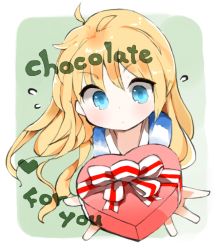Rule 34 | 1girl, ahoge, blonde hair, blue eyes, chocolate, english text, gift, heart, incoming gift, kotatu (akaki01aoki00), long hair, nervous, original, solo