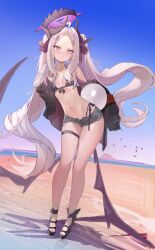Rule 34 | 1girl, absurdres, bare shoulders, beach, bikini, bikini top only, bird, black bikini, black footwear, black jacket, blue archive, blue sky, blush, bottle, breasts, closed mouth, freng, front-tie bikini top, front-tie top, full body, grey shorts, halo, highres, hina (blue archive), holding, holding bottle, horns, jacket, leaning forward, legs, long hair, looking at viewer, micro shorts, multiple horns, open clothes, open fly, open jacket, outdoors, parted bangs, purple eyes, shorts, sky, sleeves past fingers, sleeves past wrists, small breasts, solo, standing, stomach, strappy heels, swimsuit, thigh strap, thighs, toeless footwear, twintails, very long hair, white hair