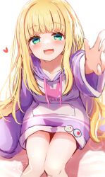 Rule 34 | 1girl, :d, arm up, baram, blonde hair, blush, collarbone, commentary, drawstring, feet out of frame, green eyes, heart, highres, hood, hood down, hoodie, knees together feet apart, long hair, long sleeves, looking at viewer, mononobe alice, mononobe alice (9th costume), nijisanji, open mouth, outstretched arm, sitting, smile, solo, symbol-only commentary, very long hair, virtual youtuber, white background, white hoodie, wide sleeves