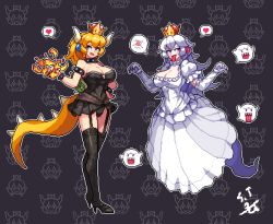 Rule 34 | armlet, bad id, bad twitter id, black background, black collar, black dress, black leotard, blonde hair, boo (mario), borrowed design, bowsette, bracelet, collar, colored tongue, crown, dress, earrings, frilled dress, frilled gloves, frills, gender request, genderswap, ghost pose, gloves, horns, jewelry, leotard, long tongue, luigi&#039;s mansion, mario (series), mini crown, new super mario bros. u deluxe, nintendo, pixel art, pointy ears, princess king boo, puffy short sleeves, puffy sleeves, purple eyes, purple tongue, red eyes, sevenran, sharp teeth, short sleeves, skirt, spiked armlet, spiked bracelet, spiked collar, spiked shell, spiked tail, spikes, strapless, strapless dress, strapless leotard, super crown, tail, teeth, tilted headwear, tongue, tongue out, turtle shell, white dress, white gloves, white hair