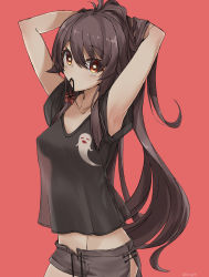 Rule 34 | 1girl, alternate costume, armpits, arms behind head, arms up, black shirt, black shorts, brown hair, casual, covered erect nipples, cowboy shot, crop top, crop top overhang, genshin impact, hair tie in mouth, highres, hu tao (genshin impact), kurokage, long hair, looking at viewer, midriff, mouth hold, open fly, ponytail, red background, red eyes, shirt, short shorts, short sleeves, shorts, simple background, solo, star-shaped pupils, star (symbol), symbol-shaped pupils, very long hair