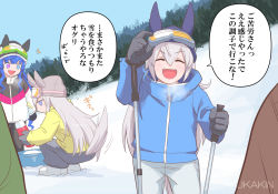 Rule 34 | 1koma, 3girls, ^^^, adjusting eyewear, alternate costume, animal ears, artist name, beanie, black gloves, blue eyes, closed eyes, clothing cutout, comic, fang, gloves, goggles, goggles on headwear, hair between eyes, hat, heterochromia, highres, holding ski pole, horse girl, horse tail, jitome, kansaiben, looking at viewer, looking down, motion lines, mukakin, multiple girls, no mouth, notice lines, oguri cap (umamusume), open mouth, parka, purple eyes, sidelocks, ski goggles, snow, speech bubble, stiff tail, strawberry syrup, syrup, tail, tail raised, tail through clothes, tamamo cross (umamusume), translation request, twin turbo (umamusume), umamusume, v-shaped eyebrows, visible air, wavy hair, winter clothes