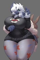 Rule 34 | absol, backpack, bag, black skin, blue eyes, blush, breasts, colored skin, cosplay, cowboy shot, creatures (company), curvy, eevee, furry, furry female, game freak, gen 1 pokemon, gen 3 pokemon, gipehtyboo, grey background, hair over one eye, highres, huge breasts, looking at viewer, nintendo, open mouth, pantyhose, penny (pokemon), penny (pokemon) (cosplay), poke ball, pokemon, pokemon sv, see-through, see-through skirt, shorts, skin tight, skirt, smile, standing, sweater, thick thighs, thighs, white hair, wide hips
