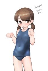 Rule 34 | 1girl, absurdres, blue one-piece swimsuit, brown eyes, brown hair, covered navel, cowboy shot, dated, flat chest, highres, kantai collection, low twintails, maru (marg0613), old school swimsuit, one-hour drawing challenge, one-piece swimsuit, paw pose, school swimsuit, shirayuki (kancolle), short hair, simple background, solo, standing, swimsuit, twintails, twitter username, white background