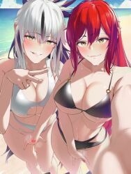 Rule 34 | 2girls, beach, bikini, black bikini, black hair, breasts, censored, cleavage, closed mouth, commentary request, commission, fate/grand order, fate (series), fingering, green eyes, grey hair, hair between eyes, halterneck, large breasts, long hair, mixed-language commentary, mosaic censoring, multicolored hair, multiple girls, mutual fingering, mutual masturbation, nagao kagetora (fate), navel, nipples, o-ring, ocean, outdoors, parted lips, pixiv commission, ponytail, red hair, selfie, smile, standing, streaked hair, swimsuit, tamamoice, two-tone hair, uesugi kenshin (fate), v, white bikini, yuri