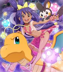 Rule 34 | 1girl, :d, absurdres, adapted costume, breasts, brown eyes, collarbone, commentary request, creatures (company), dragonite, emolga, eyelashes, game freak, gen 1 pokemon, gen 3 pokemon, gen 5 pokemon, gen 7 pokemon, highres, iris (pokemon), legendary pokemon, long hair, minior, navel, nintendo, open mouth, outstretched arm, pink footwear, pokemoa, pokemon, pokemon (creature), pokemon bw2, purple hair, rayquaza, riding, riding pokemon, sandals, sarong, scrunchie, shiny skin, smile, teeth, toes, tongue, upper teeth only, wrist scrunchie